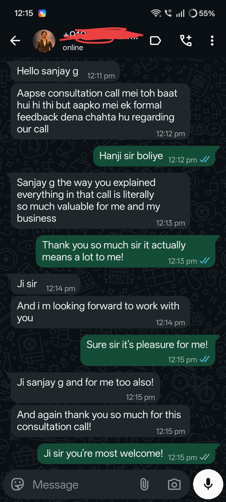 WhatsApp feedback from a client