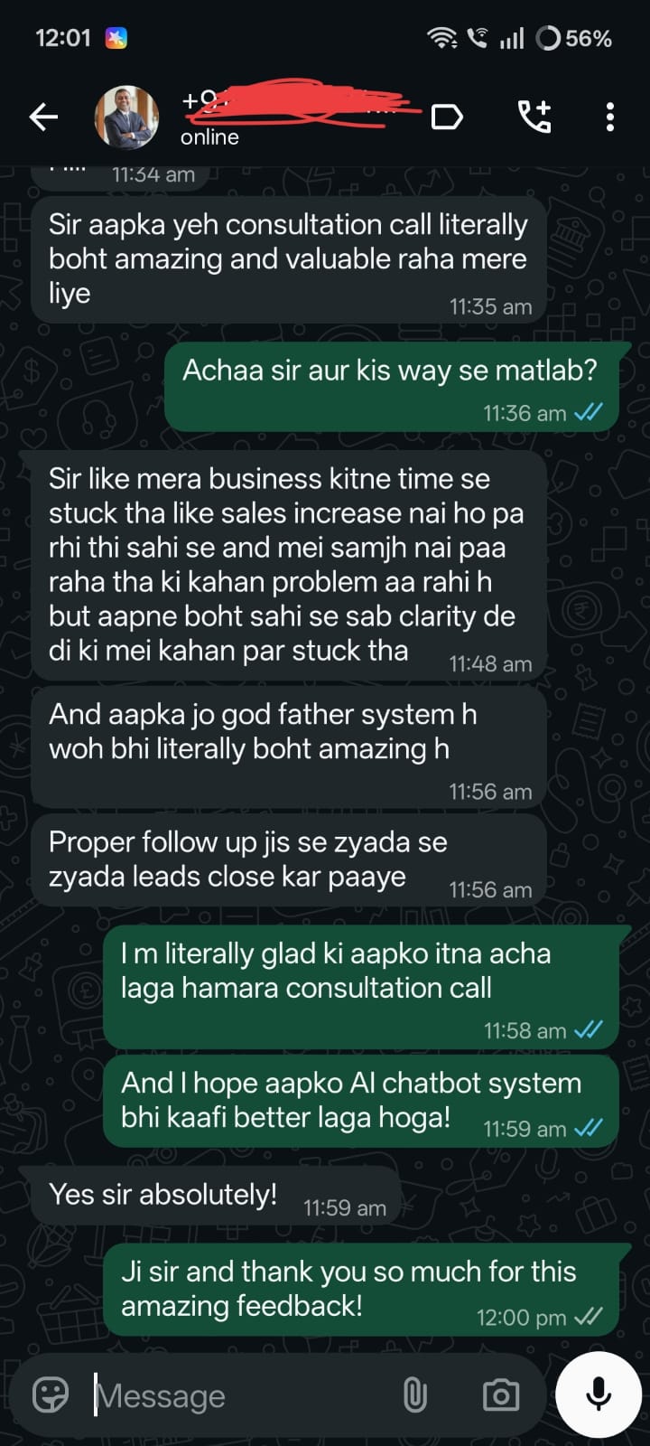 WhatsApp feedback from a client