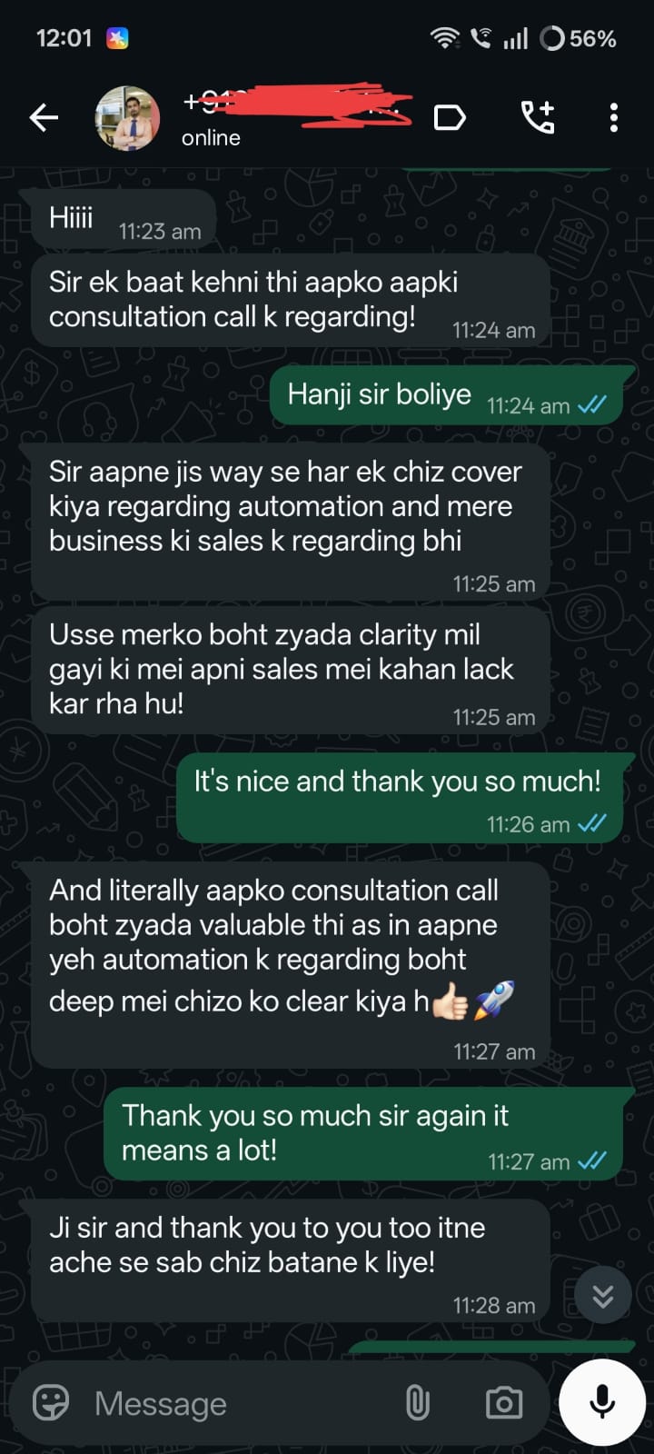 WhatsApp feedback from a client
